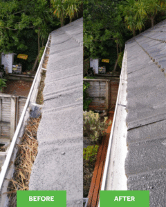 Before and After of a Gutter Clean completed by our team at Pure Services Wellington